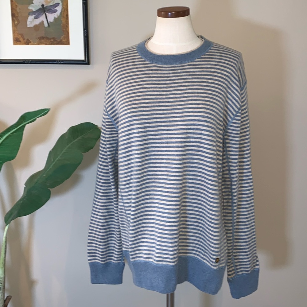 J.L. Powell Cashmere Blend Crewneck Sweater, Blue & Cream Stripes, Men’s M